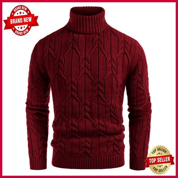 Slim Fit Turtleneck Sweater Cable Knit Mock Neck Pullover Chunky Warm Casual - Picture 1 of 7